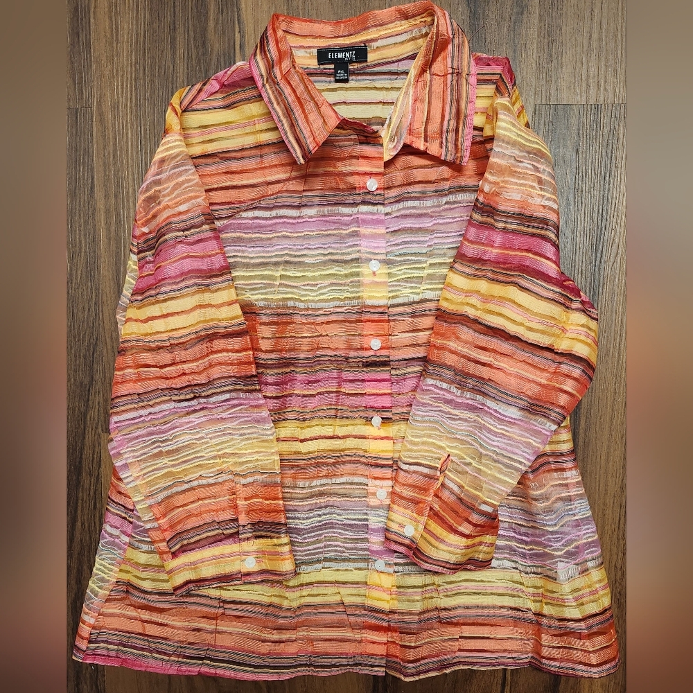 NWOT Womens Sz PXL Elementz Petite Sheer Colorful Striped Button Up Collared Top